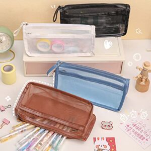 Cute Transparent Pencil Case Mesh Makeup Storage Holder Pouch Solid Color for Travel Cosmetics Stationery Small Crafts with zipper large kids Bag Teen, White