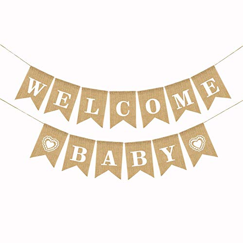 CrazyCharlie Welcome Baby Banner,Burlap Baby Shower Banner Rustic Gender Reveal Party Supplies for Party Decorations