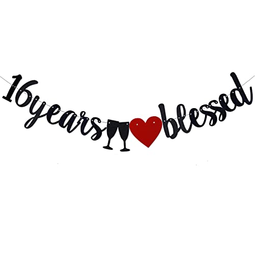 16 Years Blessed Black Paper Sign Banner for Boy/Girl's 16th Birthday Party Supplies,Pre-Strung 16th Wedding Anniversary Party Decorations