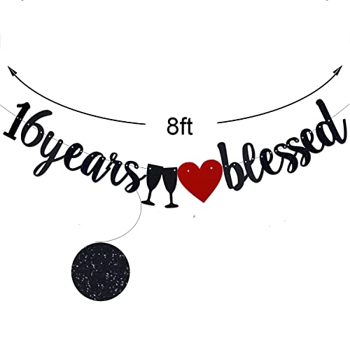 16 Years Blessed Black Paper Sign Banner for Boy/Girl's 16th Birthday Party Supplies,Pre-Strung 16th Wedding Anniversary Party Decorations