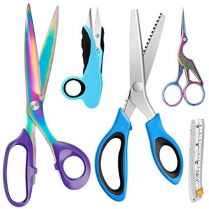 asdirne sewing bundle, sharp stainless steel blade, comfortable handle, include fabric scissors, pinking scissors, embroidery scissors, thread snips and measuring tape, 5 pcs, great sewing partners