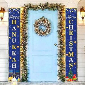 hanukkah christmas porch door banner sign decorations, 2pcs blue happy hanukkah merry christmas chanukah banners hanging door sign hanukkah party porch for home outdoor indoor wall front door decor