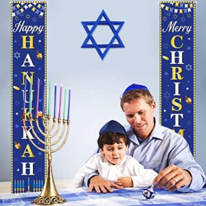 Hanukkah Christmas Porch Door Banner Sign Decorations, 2PCS Blue Happy Hanukkah Merry Christmas Chanukah Banners Hanging Door Sign Hanukkah Party Porch for Home Outdoor Indoor Wall Front Door Decor