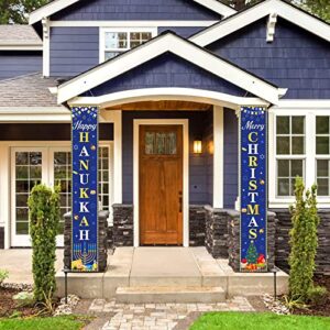 Hanukkah Christmas Porch Door Banner Sign Decorations, 2PCS Blue Happy Hanukkah Merry Christmas Chanukah Banners Hanging Door Sign Hanukkah Party Porch for Home Outdoor Indoor Wall Front Door Decor