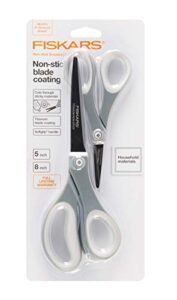 fiskars non-stick titanium 2 piece scissors, 8″ & no. 5 micro-tip in two-tone gray (166340)