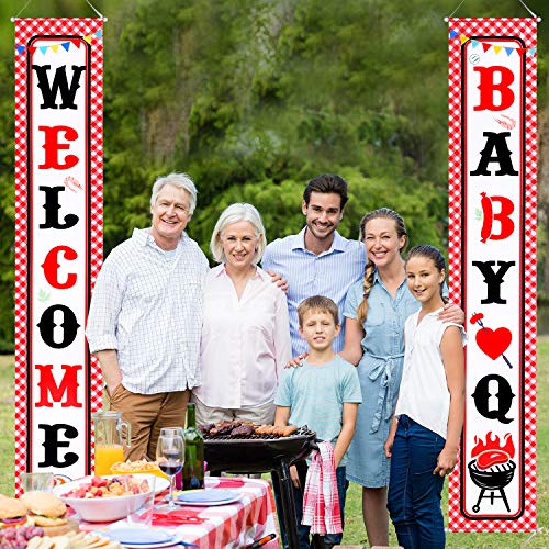 Baby Q Banner Decorations BBQ Baby Shower Banner for Summer Party Supplies Favors Summer Porch Sign Red Gingham Barbecue Picnic Party Decor Supplies Banner Hanging Decoration