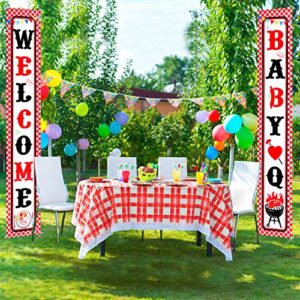 Baby Q Banner Decorations BBQ Baby Shower Banner for Summer Party Supplies Favors Summer Porch Sign Red Gingham Barbecue Picnic Party Decor Supplies Banner Hanging Decoration