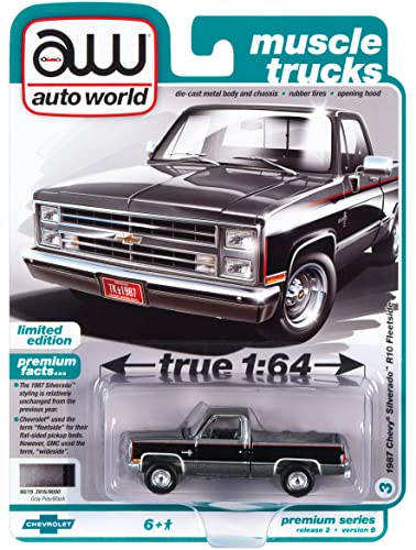 1987 Chevy Silverado R10 Fleetside Pickup Truck Gray Met. & Black Muscle Trucks Limited Edition 1/64 Diecast Model Car by Auto World 64362-AWSP101 B