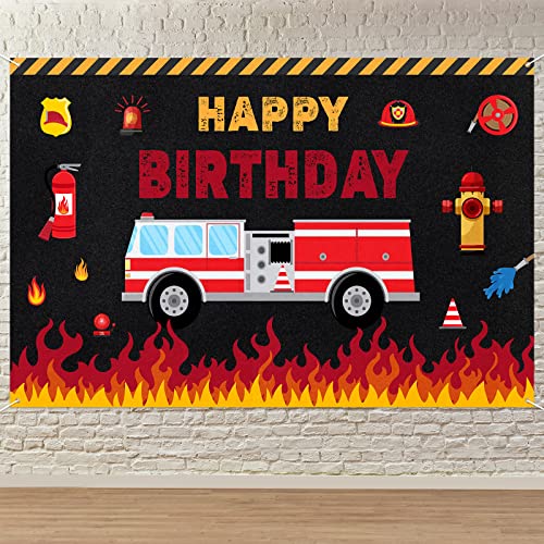 Firetruck Birthday Backdrop Banner Decor Black - Fire Truck Happy Birthday Party Theme Decorations for Fireman Boys Men Supplies