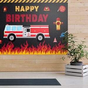 Firetruck Birthday Backdrop Banner Decor Black - Fire Truck Happy Birthday Party Theme Decorations for Fireman Boys Men Supplies