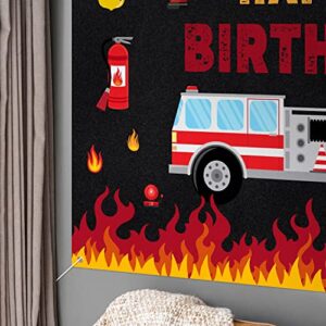 Firetruck Birthday Backdrop Banner Decor Black - Fire Truck Happy Birthday Party Theme Decorations for Fireman Boys Men Supplies