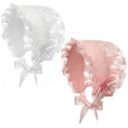 2 Pieces Baby Girls Bonnet Christening Lace Hat Caps Breathable Adjustable Baby Girl Sun Hat Pink and White Toddlers Beanie for 3-18 Months Kids