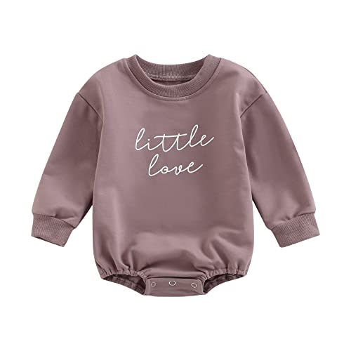 OikMombiu Newborn Baby Girl Boy Valentine's Day Outfit Little Love Crewneck Sweatshirt Onesie Bubble Romper Spring Fall Clothes(Little Love Purple, 3-6 Months)