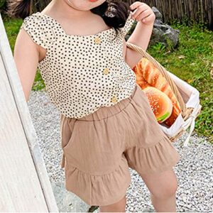 TIBE PINCESS Toddler Baby Girl Summer Clothes Polka Dot Tank Tops Blouses+Linen Ruffles Shorts Clothing Sets Outfits Beige 18-24 Months