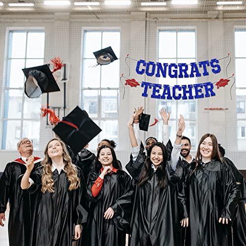 Congrats Teacher Banner - Class of 2023 Graduation Party Decorations Supplies - Student to Teacher Bunting Sign , Blue and Red Glitter