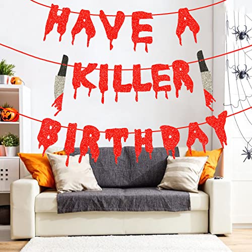 GETTERB 2 Pack Halloween Banner Decorations Red Glitter Hanging Garland Banner, Have a Killer Birthday Banner & Happy Halloween Banner Scary Vampire Horror Bloody Photo Prop Party Decor Supplies