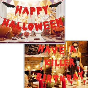GETTERB 2 Pack Halloween Banner Decorations Red Glitter Hanging Garland Banner, Have a Killer Birthday Banner & Happy Halloween Banner Scary Vampire Horror Bloody Photo Prop Party Decor Supplies
