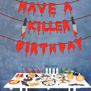 GETTERB 2 Pack Halloween Banner Decorations Red Glitter Hanging Garland Banner, Have a Killer Birthday Banner & Happy Halloween Banner Scary Vampire Horror Bloody Photo Prop Party Decor Supplies