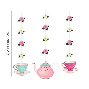 Tea Party Decoration Banner and Hanging Decorations Set Alice in Wonderland Party Garland Decor Teapot Teacup Flower Hanging Garlands for Tea For Girls, Princesses, Bridal Showers, Birthday Party