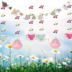 tea party decoration banner and hanging decorations set alice in wonderland party garland decor teapot teacup flower hanging garlands for tea for girls, princesses, bridal showers, birthday party