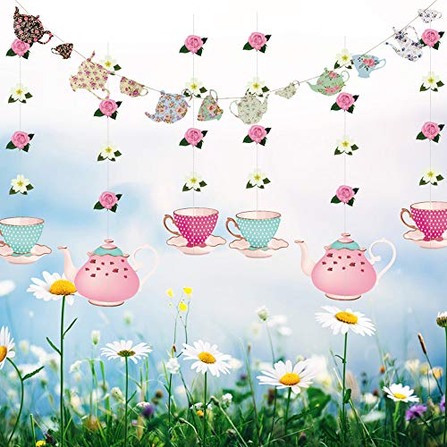 Tea Party Decoration Banner and Hanging Decorations Set Alice in Wonderland Party Garland Decor Teapot Teacup Flower Hanging Garlands for Tea For Girls, Princesses, Bridal Showers, Birthday Party