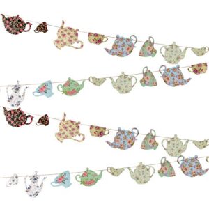 Tea Party Decoration Banner and Hanging Decorations Set Alice in Wonderland Party Garland Decor Teapot Teacup Flower Hanging Garlands for Tea For Girls, Princesses, Bridal Showers, Birthday Party