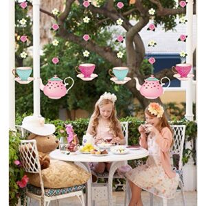 Tea Party Decoration Banner and Hanging Decorations Set Alice in Wonderland Party Garland Decor Teapot Teacup Flower Hanging Garlands for Tea For Girls, Princesses, Bridal Showers, Birthday Party