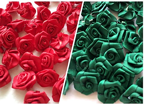 100 Assorted Tiny Satin Ribbon Rose Bows Christmas Style Diameter 10 mm. Tiny Embellishment Craft Artificial Applique Wedding