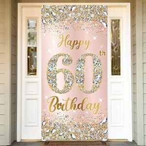 happy 60th birthday door banner decorations for women, rose gold 60 birthday party door cover backdrop sign supplies, pink sixty birthday poster decor for indoor outdoor photo booth props