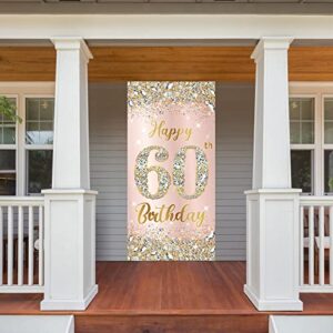 Happy 60th Birthday Door Banner Decorations for Women, Rose Gold 60 Birthday Party Door Cover Backdrop Sign Supplies, Pink Sixty Birthday Poster Decor for Indoor Outdoor Photo Booth Props