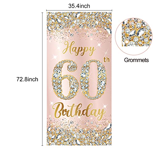 Happy 60th Birthday Door Banner Decorations for Women, Rose Gold 60 Birthday Party Door Cover Backdrop Sign Supplies, Pink Sixty Birthday Poster Decor for Indoor Outdoor Photo Booth Props