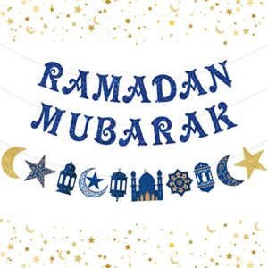 blue glitter ramadan mubarak banner eid mubarak decoration, muslim islamic party decoration, ramadan decorations for home ramadan kareem party supplies star and moon garland product name