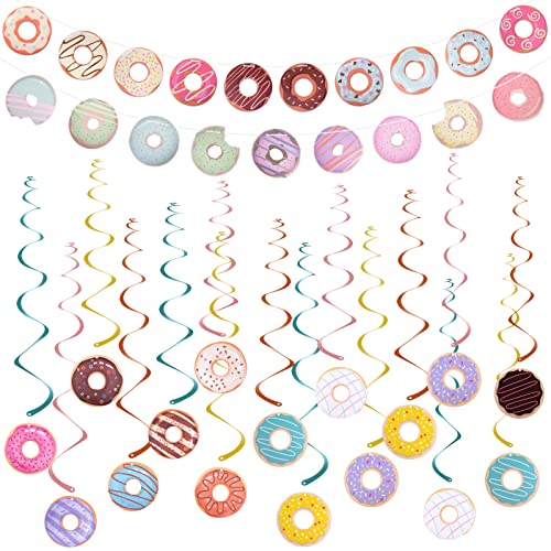 OctinPris 4-Sets Donut Party Banners & Spiral Danglers Decoration Donut Garland Kit Donut Party Decorations Donuts Hanging Swirl Papercutouts Ceremony décor.