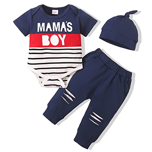 Renotemy Newborn Baby Boy Clothes Summer Outfits Premature Clothes Boys Cute Infant Boy Outfits Cotton Short Sleeve Blue Romper Ripped Pants Set 0-3 Months Baby Boys Clothes