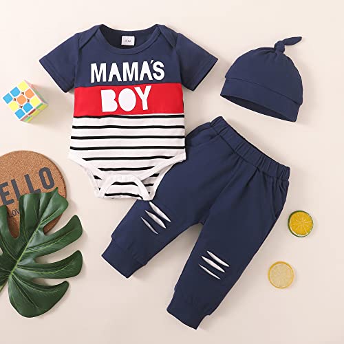 Renotemy Newborn Baby Boy Clothes Summer Outfits Premature Clothes Boys Cute Infant Boy Outfits Cotton Short Sleeve Blue Romper Ripped Pants Set 0-3 Months Baby Boys Clothes