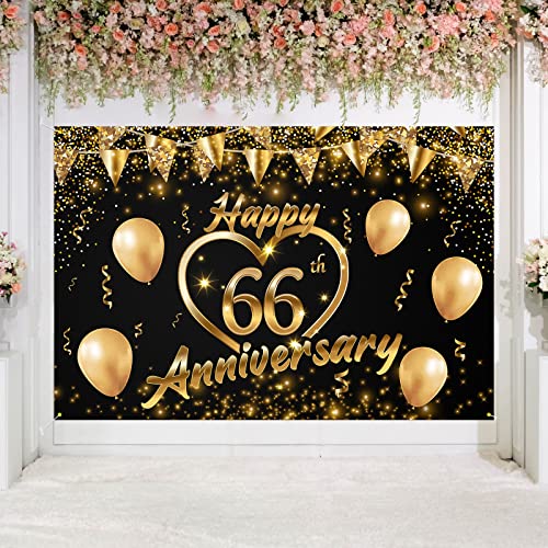 Happy 66th Anniversary Backdrop Banner Decor Black Gold – Glitter Love Heart Happy 66 Years Wedding Anniversary Party Theme Decorations for Women Men Supplies