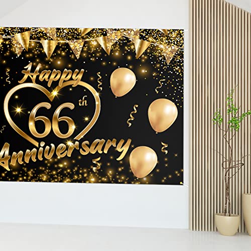 Happy 66th Anniversary Backdrop Banner Decor Black Gold – Glitter Love Heart Happy 66 Years Wedding Anniversary Party Theme Decorations for Women Men Supplies