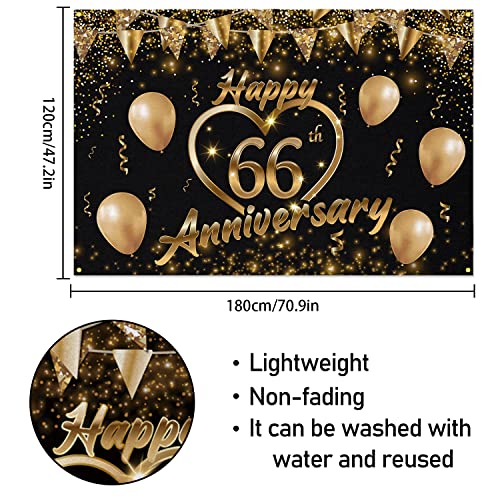 Happy 66th Anniversary Backdrop Banner Decor Black Gold – Glitter Love Heart Happy 66 Years Wedding Anniversary Party Theme Decorations for Women Men Supplies