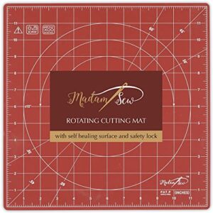 madam sew self healing cutting mat, 12×12 rotating cutting mat for quilting, sewing and crafts features 360 degree rotation, lockable non-slip base and accurate grid and bias lines for precise cuts