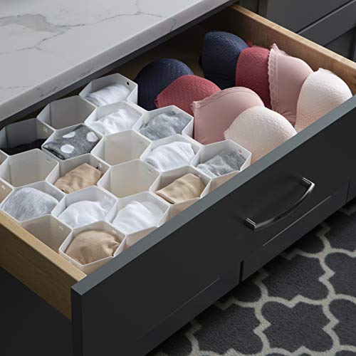 Simplify 32 Compartment Honeycomb Drawer Organizer | 8 Piece Set | Customizable to Fit Drawers | Plastic Snap Lock Design | Bedroom Dresser | Socks & Underwear | Bathroom | Jewelry & Cosmetics | White