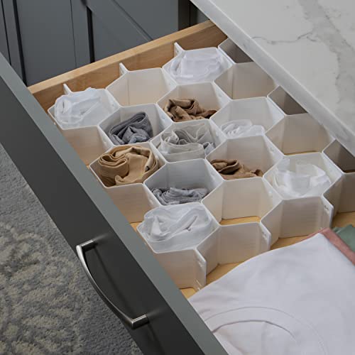 Simplify 32 Compartment Honeycomb Drawer Organizer | 8 Piece Set | Customizable to Fit Drawers | Plastic Snap Lock Design | Bedroom Dresser | Socks & Underwear | Bathroom | Jewelry & Cosmetics | White