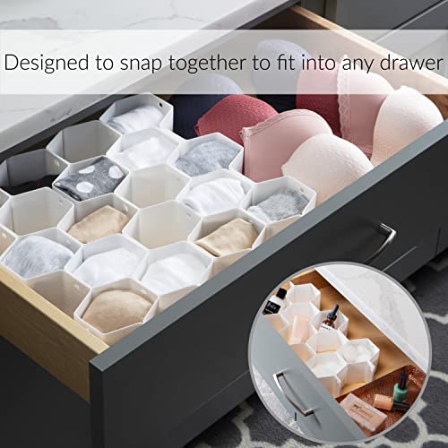 Simplify 32 Compartment Honeycomb Drawer Organizer | 8 Piece Set | Customizable to Fit Drawers | Plastic Snap Lock Design | Bedroom Dresser | Socks & Underwear | Bathroom | Jewelry & Cosmetics | White