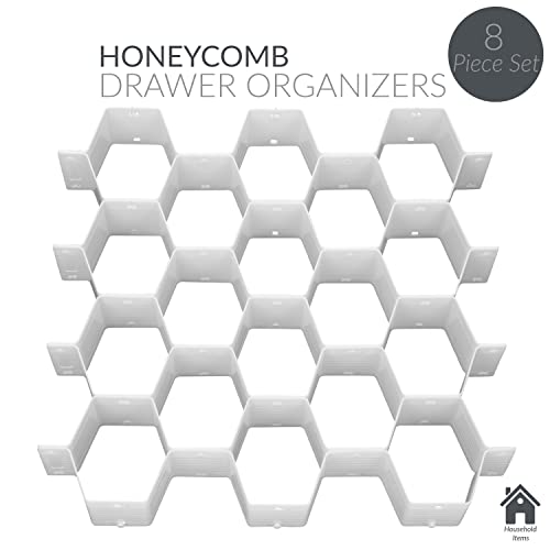 Simplify 32 Compartment Honeycomb Drawer Organizer | 8 Piece Set | Customizable to Fit Drawers | Plastic Snap Lock Design | Bedroom Dresser | Socks & Underwear | Bathroom | Jewelry & Cosmetics | White