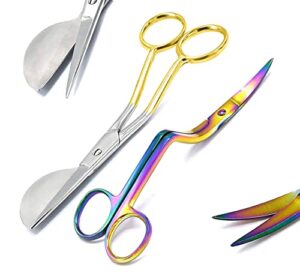 wellnessd’light 6 inch stainless steel applique duckbill scissors blade with offset handle & 6 inch machine embroidery double curved scissors bundle rainbow color & gold handle by wdl