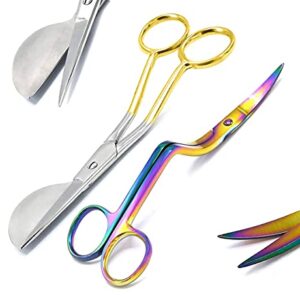 WellnessD'Light 6 Inch Stainless Steel Applique Duckbill Scissors Blade with Offset Handle & 6 Inch Machine Embroidery Double Curved Scissors Bundle Rainbow Color & Gold Handle by WDL