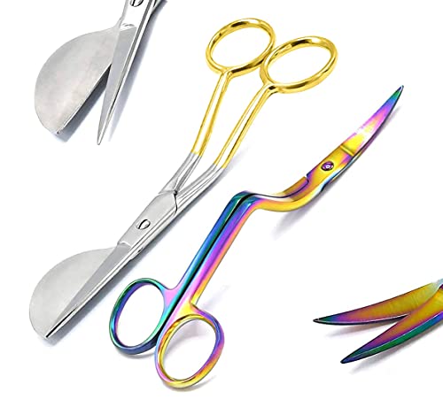 WellnessD'Light 6 Inch Stainless Steel Applique Duckbill Scissors Blade with Offset Handle & 6 Inch Machine Embroidery Double Curved Scissors Bundle Rainbow Color & Gold Handle by WDL