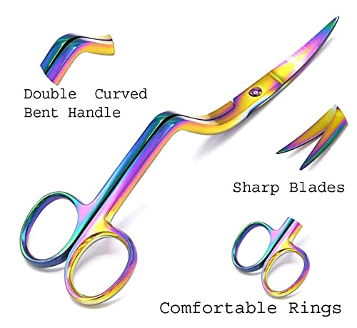 WellnessD'Light 6 Inch Stainless Steel Applique Duckbill Scissors Blade with Offset Handle & 6 Inch Machine Embroidery Double Curved Scissors Bundle Rainbow Color & Gold Handle by WDL