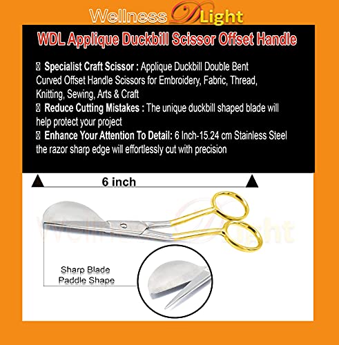 WellnessD'Light 6 Inch Stainless Steel Applique Duckbill Scissors Blade with Offset Handle & 6 Inch Machine Embroidery Double Curved Scissors Bundle Rainbow Color & Gold Handle by WDL