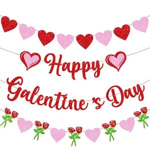 galentine’s day decorations set,glitter happy galentine’s day banner,heart decor and rose banner,valentine’s day decor galentines decor