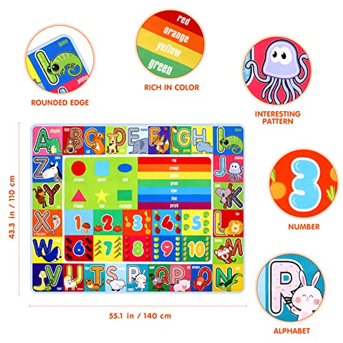 VOSAREA Kids Play Mat Non Slip Floor Mat Educational Rug Playtime Collection Letters Numbers Animals for Kids Toddlers Infant Playroom (140x110cm)